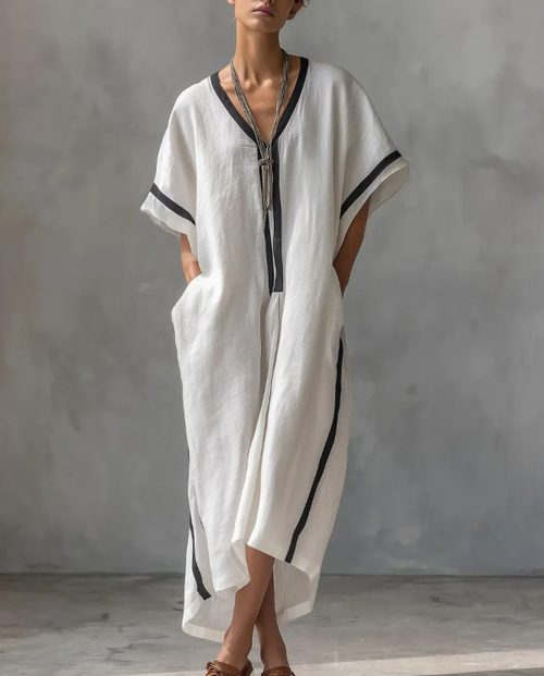 Linen Blend V-Neck Kaftan Dress