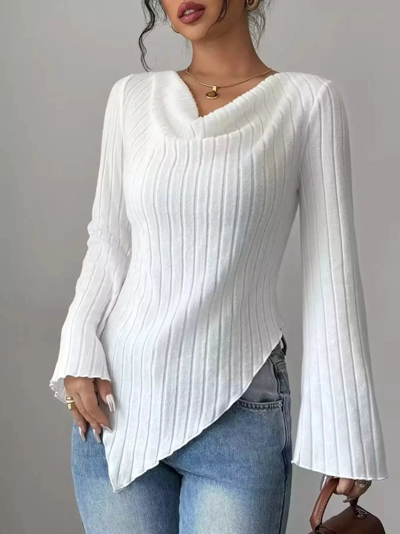 Cowl Neck Ribbed Knit Top