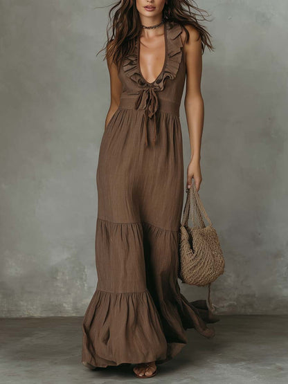 Loose Casual Deep V Ruffled Sleeveless Long Skirt Dress