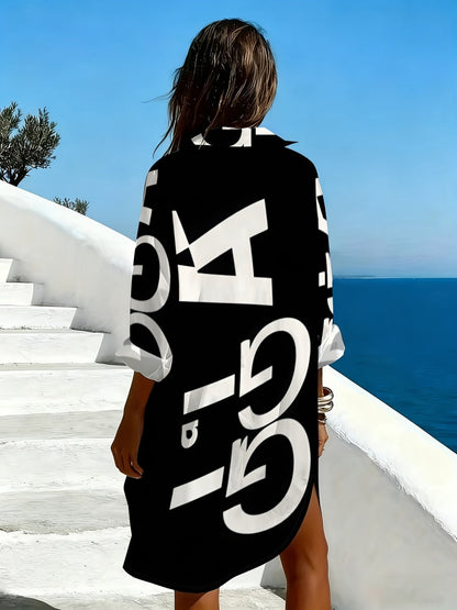 Color-Block Letter Print Loose Long-Sleeve Dress