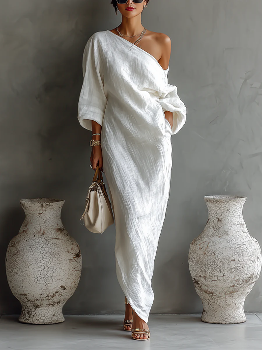 White One-shoulder Flowing Elegant Maxi Dress