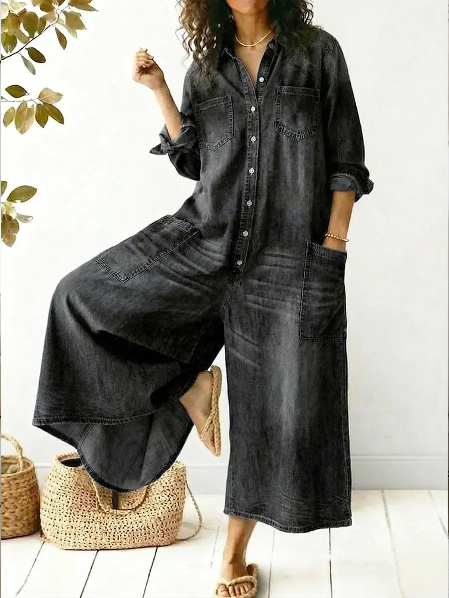 Women's Cozy And Casual Denim Jumpsuit With Large Front Pockets