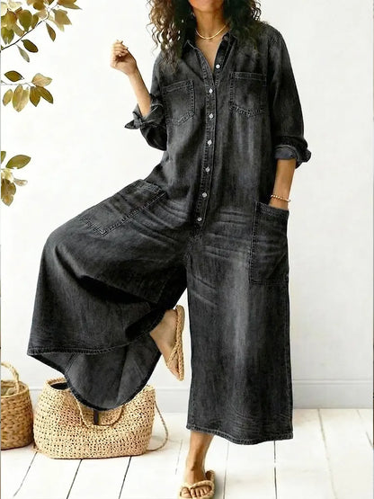 Women's Cozy And Casual Denim Jumpsuit With Large Front Pockets