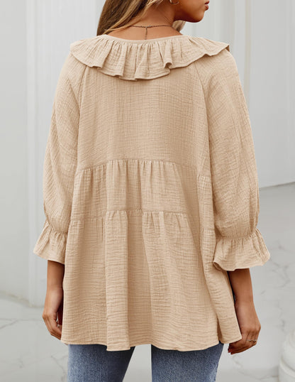 Women’s Scoop Neck 3/4 Length Sleeve Tie Front Ruffle Tiered Tunic Shirts