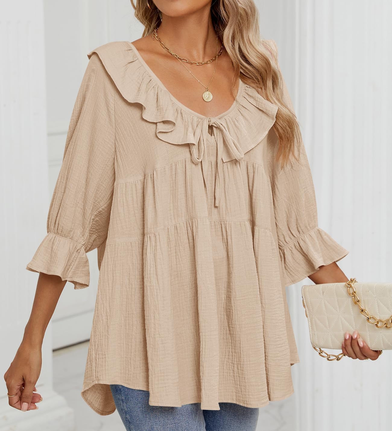 Women’s Scoop Neck 3/4 Length Sleeve Tie Front Ruffle Tiered Tunic Shirts