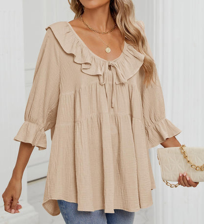 Women’s Scoop Neck 3/4 Length Sleeve Tie Front Ruffle Tiered Tunic Shirts