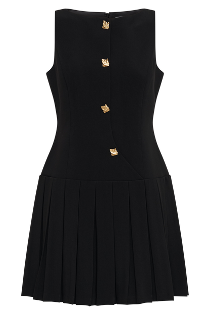 Sleeveless Pleated Mini Dress - Black