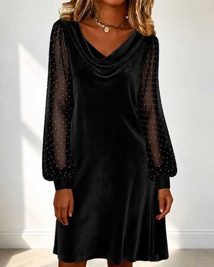 Women's Cowl Neck Polka‑Dot Mesh Long Sleeve Velvet Midi Dress