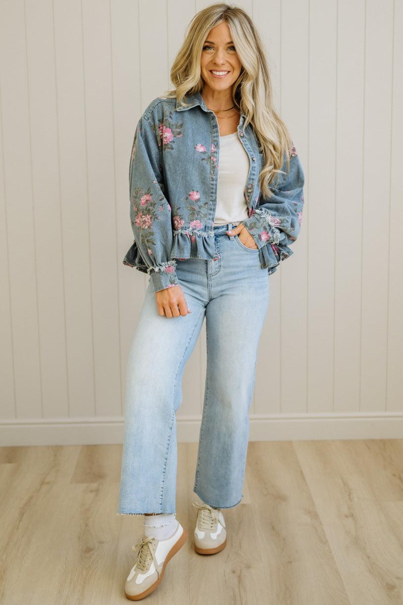 Floral Print Ruffled Denim Jacket