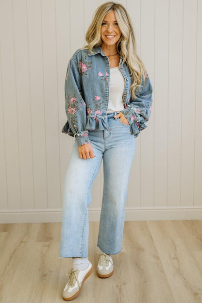 Floral Print Ruffled Denim Jacket