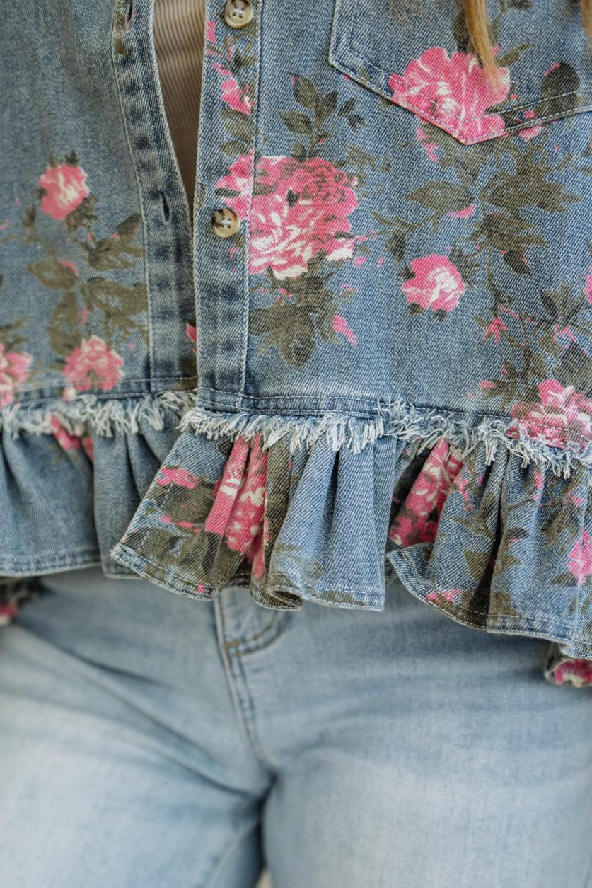 Floral Print Ruffled Denim Jacket