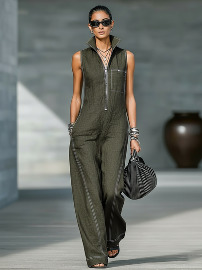 Women's Minimalist Loose-fitting White Trim Sleeveless Jumpsuit
