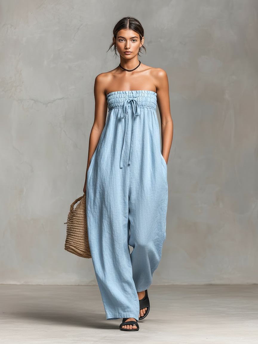 Women's Minimalist Loose-fitting Linen Blend Strapless Jumpsuit With Tie Closure