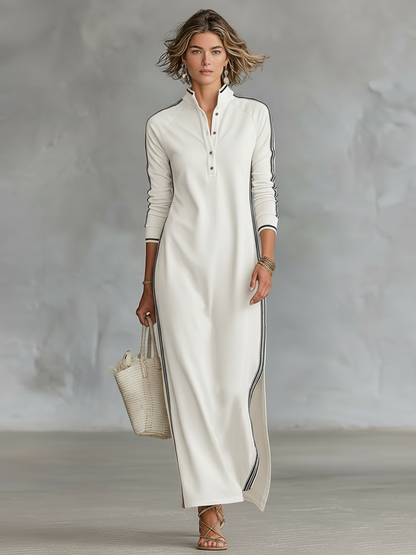 Minimalist White-trimmed Button-down Collar Sweatshirt Dress Maxi Dress