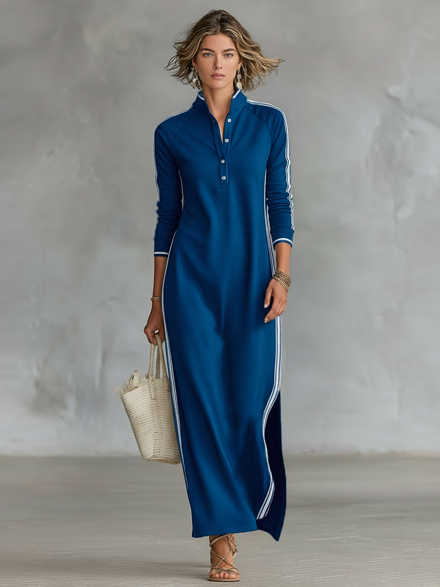 Minimalist White-trimmed Button-down Collar Sweatshirt Dress Maxi Dress