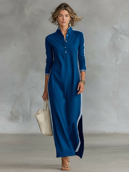 Minimalist White-trimmed Button-down Collar Sweatshirt Dress Maxi Dress