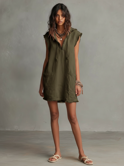 Women's Minimalist Linen-Blend Mini Dress — Hooded, Sleeveless, Raw Hem
