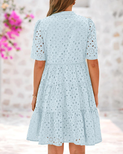 Women's V Neck Short Sleeve Hollow Out Lace Ruffle Summer Dresses