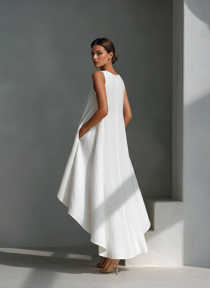 Women's White Linen Fabric Sleeveless Midi Dress With Round Neck