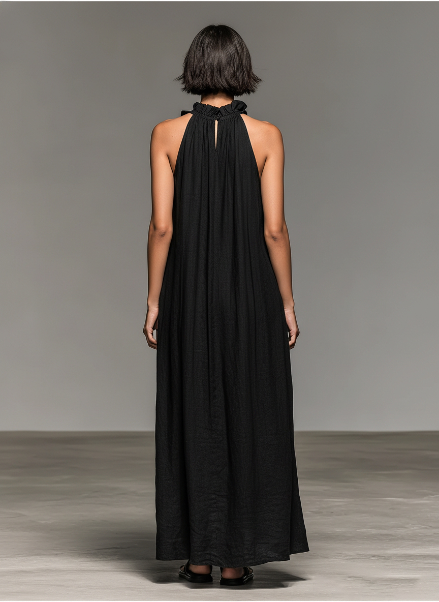 Women's Minimalist Linen-blend Sleeveless Maxi Dress With Ruffle Details
