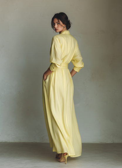 Women's Lemon Yellow Cotton And Linen Blend Maxi Shirt Dress With Tie Waist & Half Sleeves