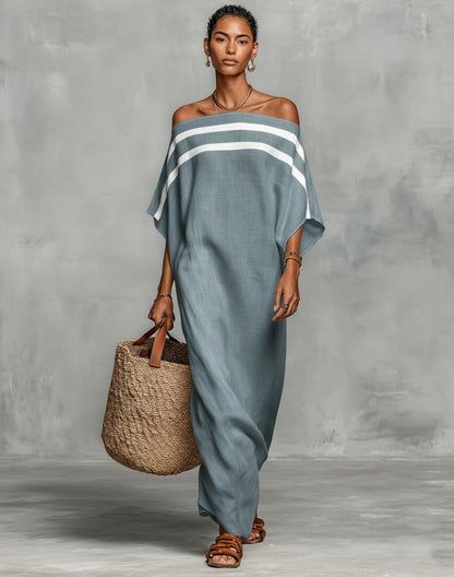 Stripe Off Shoulder Batwing Linen Maxi Kaftan Dress