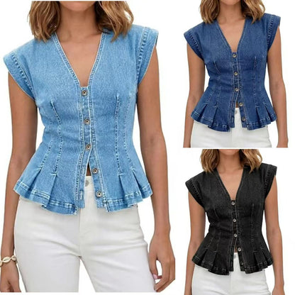 V-Neck Denim Peplum Vest