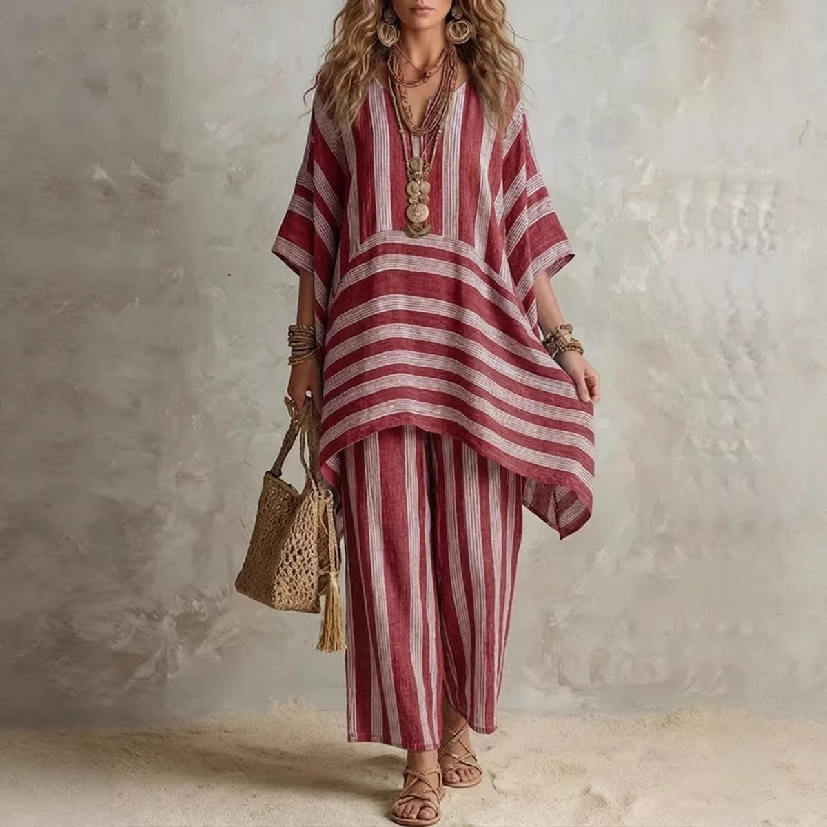 V-Neck Loose Striped Casual Two-Piece Suit