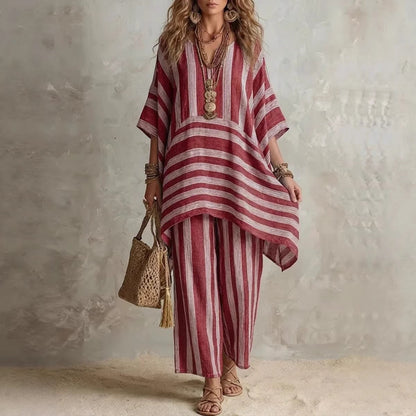V-Neck Loose Striped Casual Two-Piece Suit