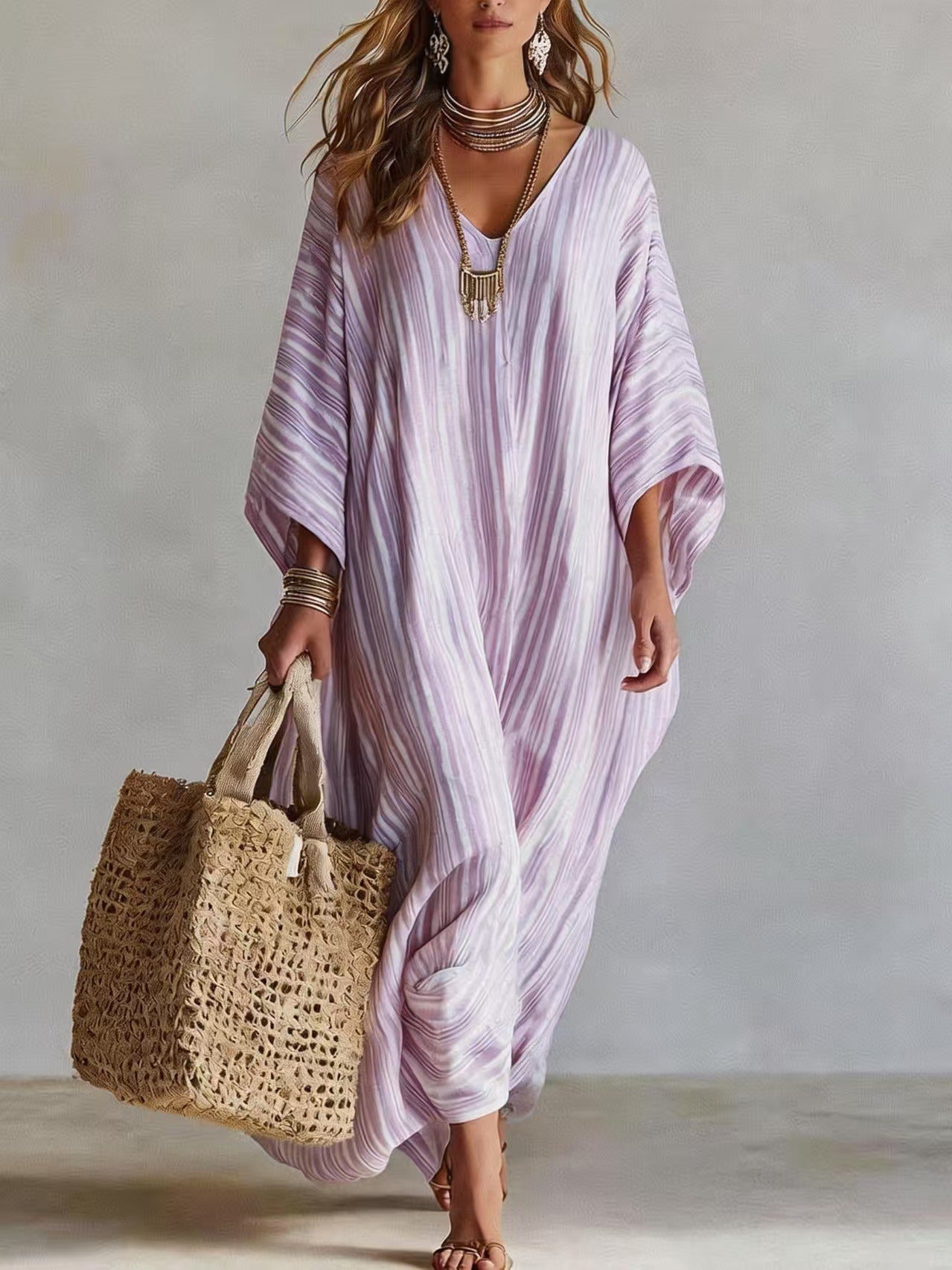 Women's Light Striped Linen-Blend Kaftan Maxi Dress - Oversized V-Neck Beach Cover-Up