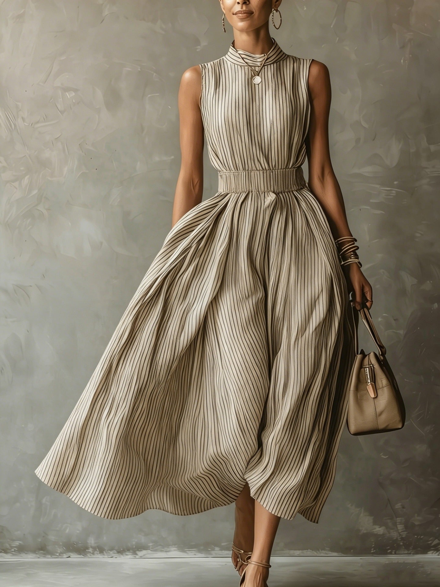 Classic Striped High Neck Sleeveless Midi Dress