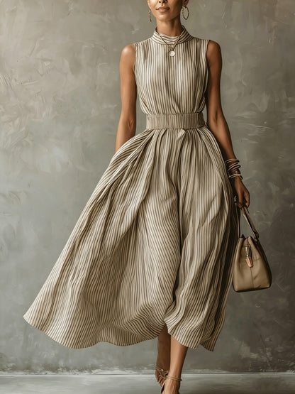 Classic Striped High Neck Sleeveless Midi Dress