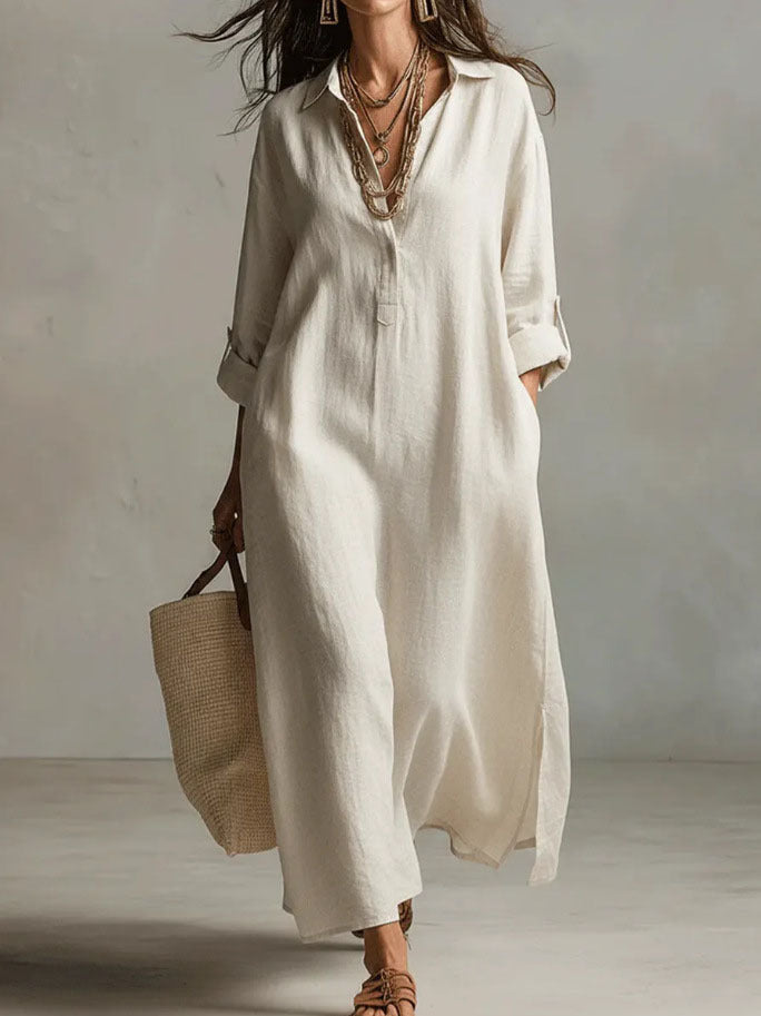 Lazy Style Solid Color Lapel Casual Long-Sleeved Shirt Dress