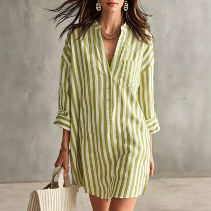 V-Neck Vertical Stripe Roll Sleeve Mini Shirt Dress