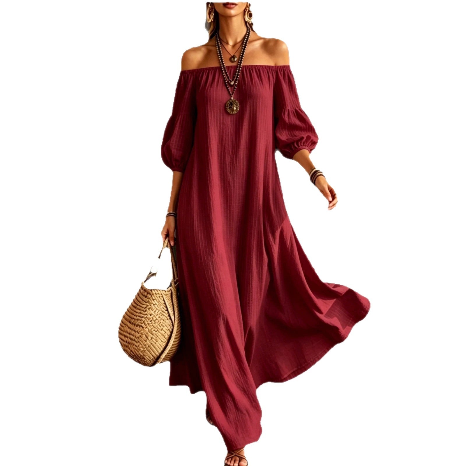 White Off‑Shoulder Balloon Sleeve Flowy Maxi Dress