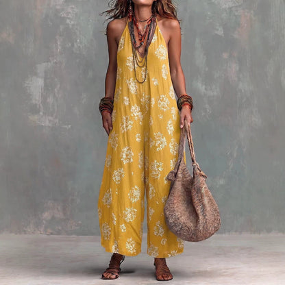 Women's Yellow Boho Floral Halter Wide-Leg Jumpsuit