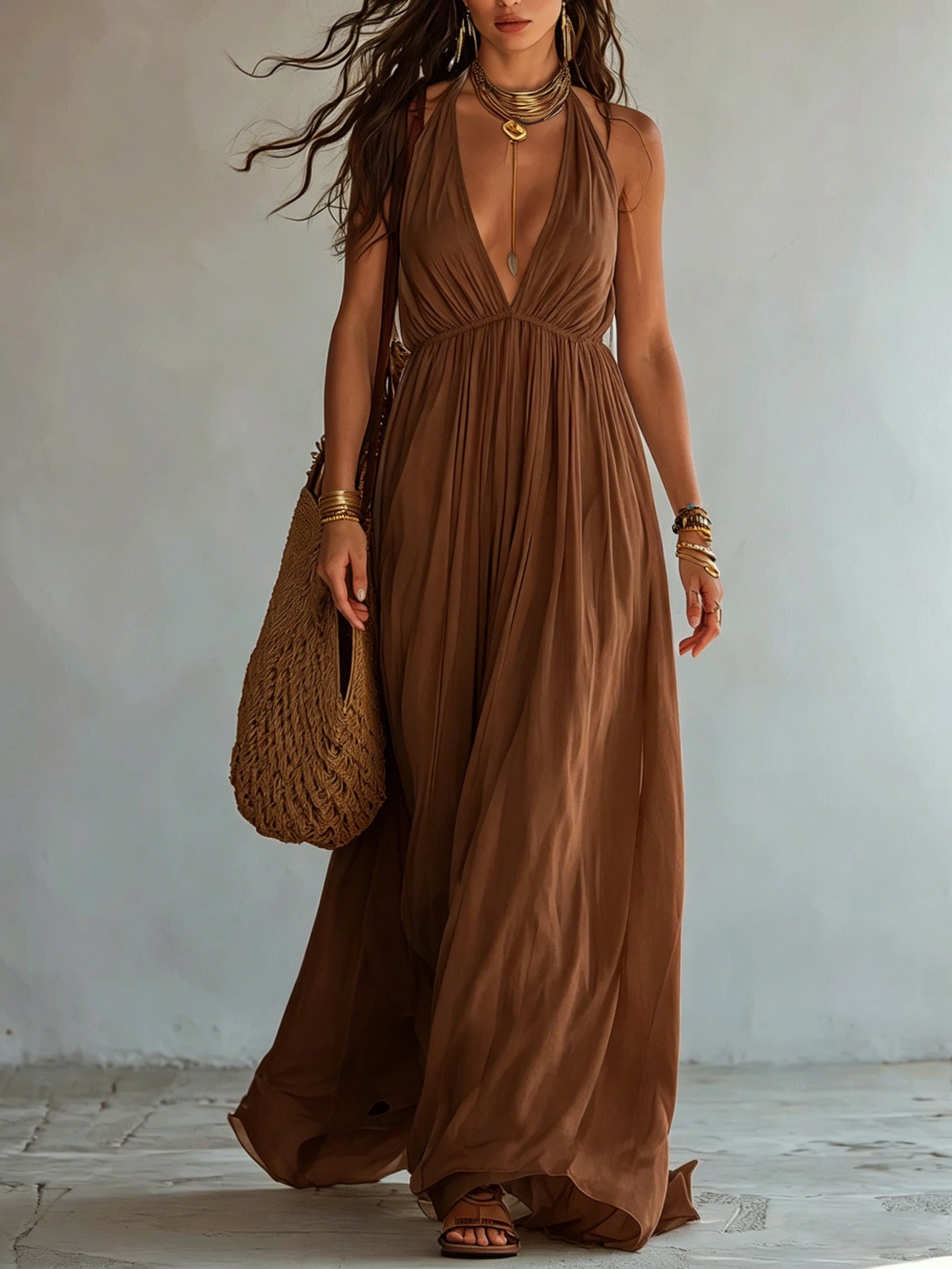 Halter Deep V Gathered Empire Waist Flowy Chiffon Maxi Dress