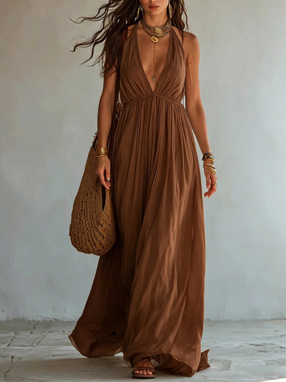 Halter Deep V Gathered Empire Waist Flowy Chiffon Maxi Dress