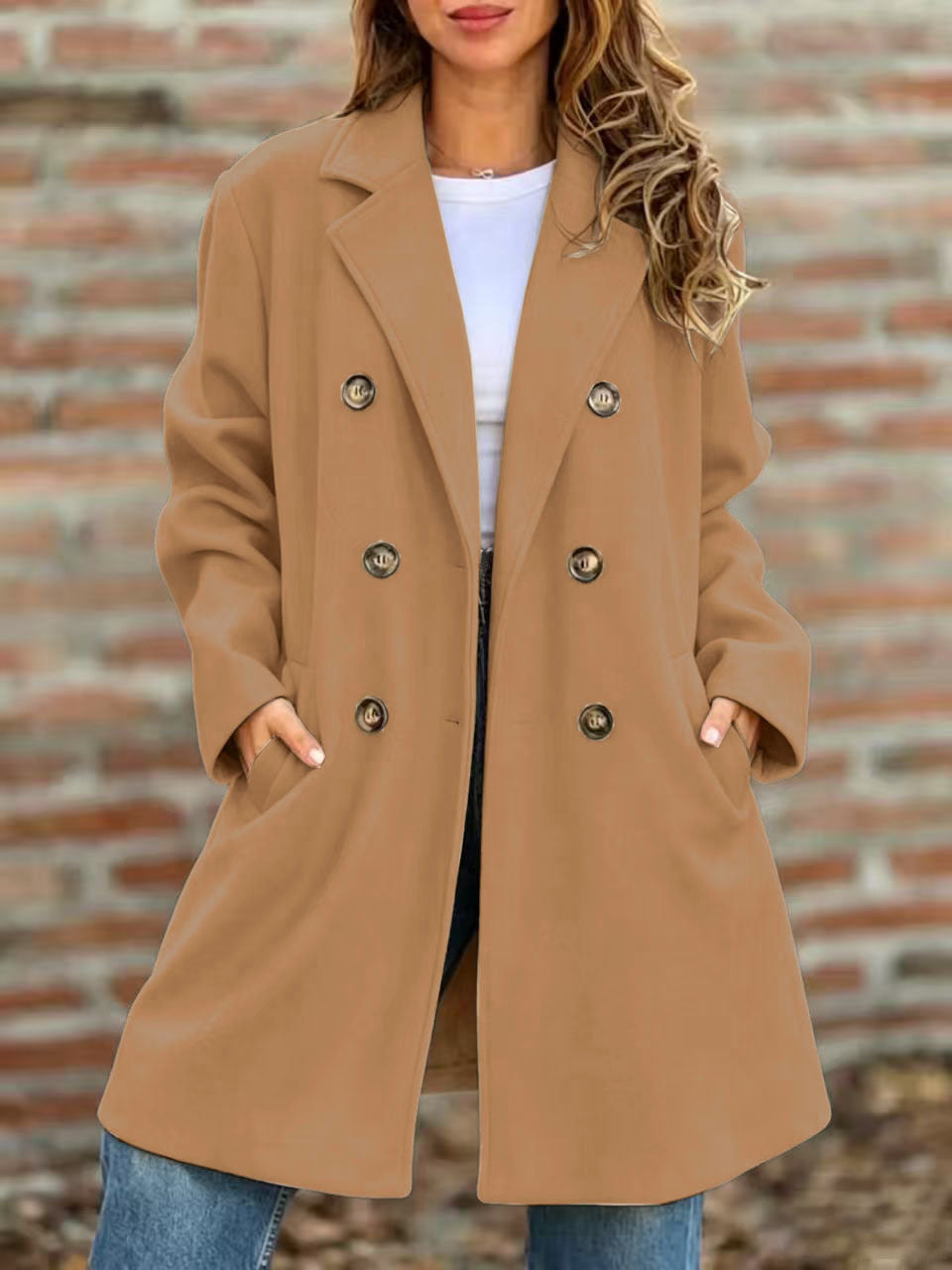 Street Style Autumn And Winter Lapel Double-Breasted Woolen Coat Jacket