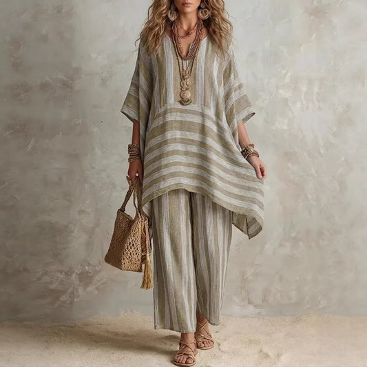 V-Neck Loose Striped Casual Two-Piece Suit