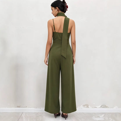 Elegant Olive Green Halter Wide-Leg Jumpsuit