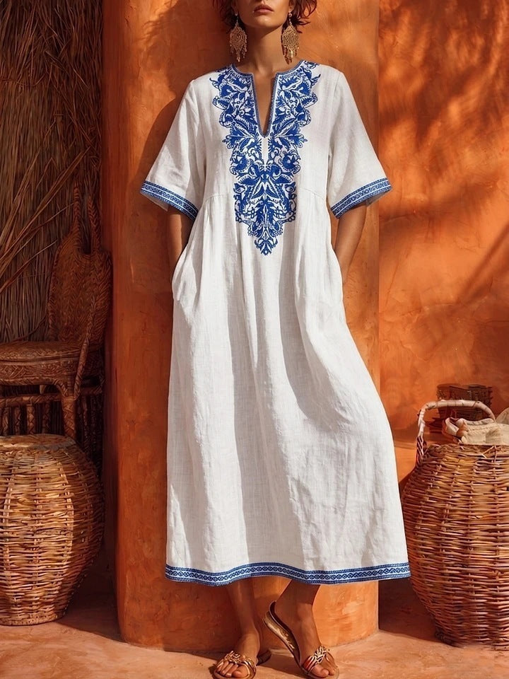 Linen Floral Embroidery V Neck Short Sleeve Midi Kaftan Dress