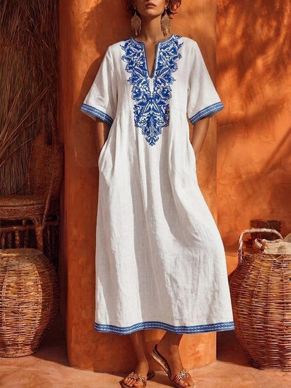 Linen Floral Embroidery V Neck Short Sleeve Midi Kaftan Dress