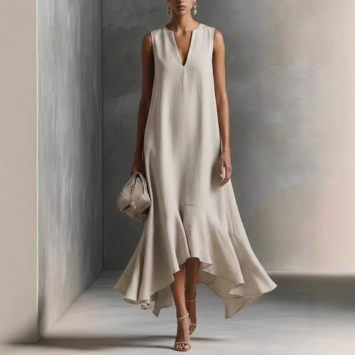 Sleeveless V-Neck Linen Midi Dress with Ruffled Hem