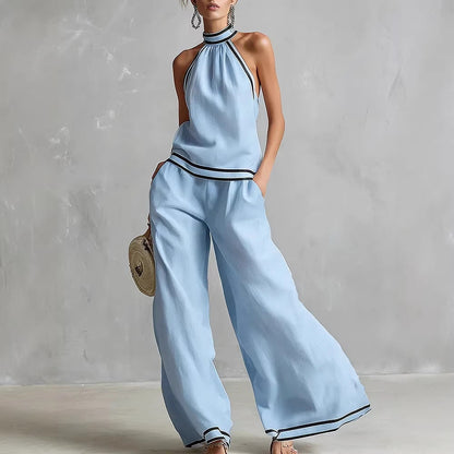 Halterneck Sleeveless Wide-Leg Pants Suit For Women
