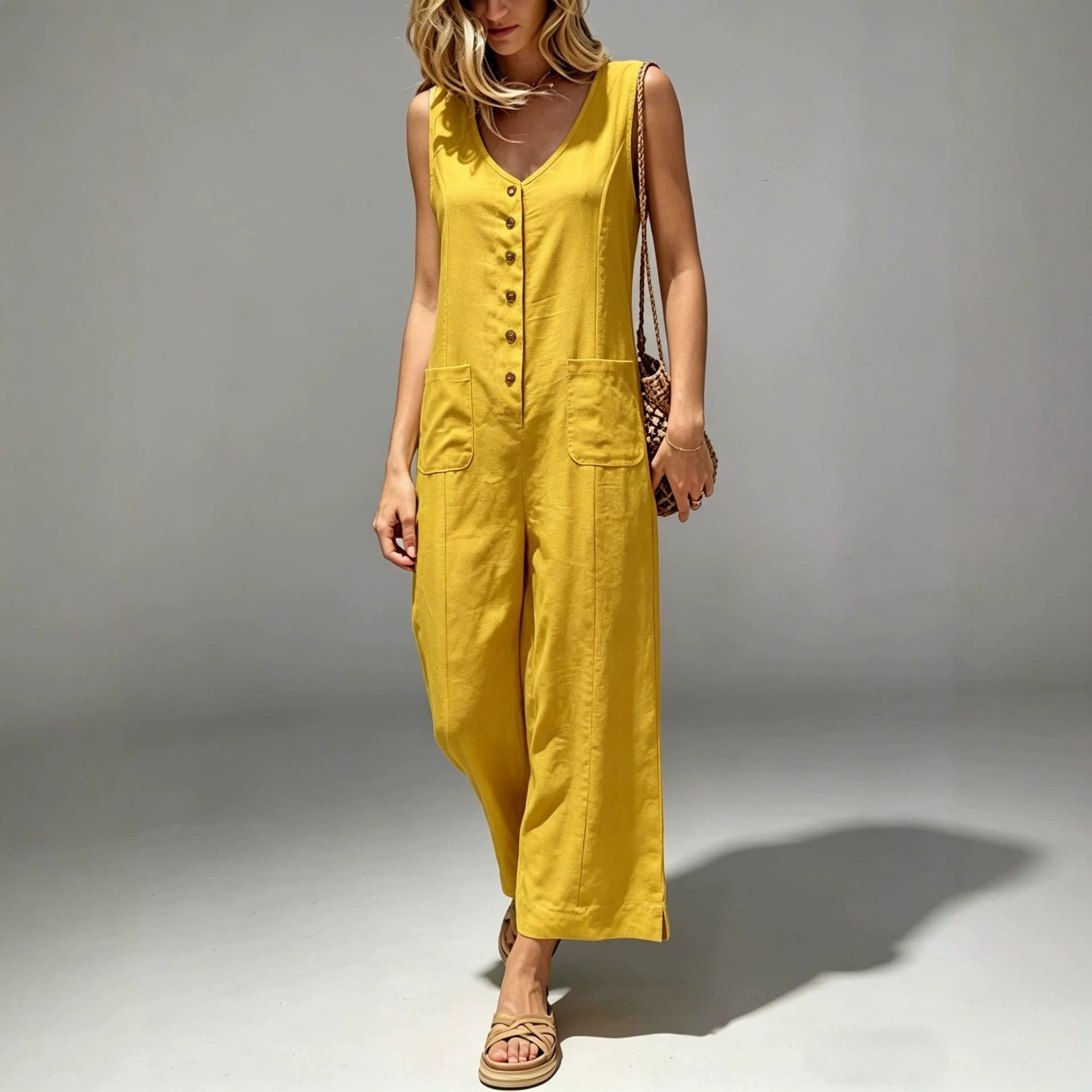 Buttoned Cotton And Linen Sleeveless Casual Wide-Leg Loose Jumpsuit With Pockets