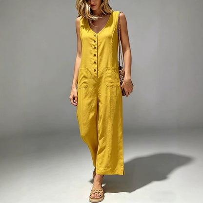 Buttoned Cotton And Linen Sleeveless Casual Wide-Leg Loose Jumpsuit With Pockets