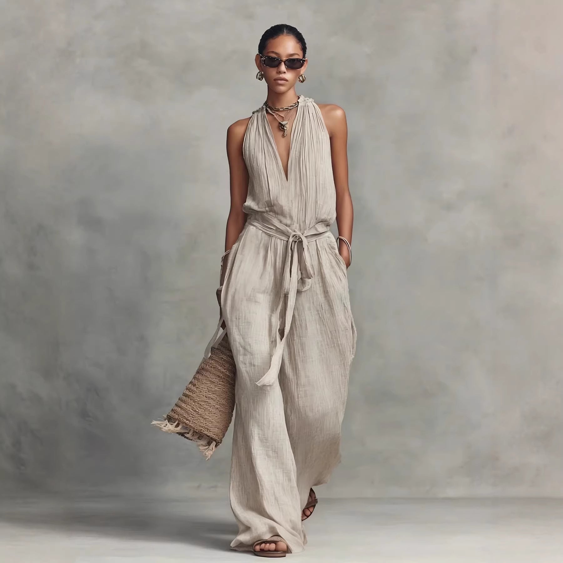 Casual Lace-Up Sleeveless Cotton Blend Jumpsuit