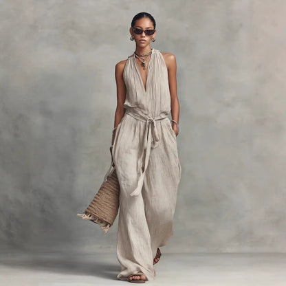 Casual Lace-Up Sleeveless Cotton Blend Jumpsuit