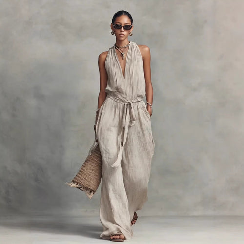 Casual Lace-Up Sleeveless Cotton Blend Jumpsuit